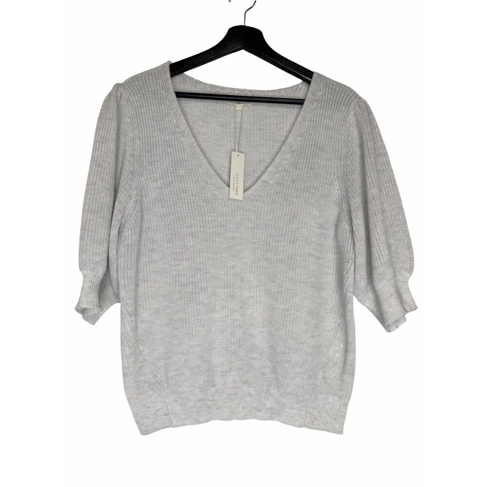 NWT Gentle Fawn Phoebe Pullover Sweater size XL Light Gray Puff Sleeve V-Neck